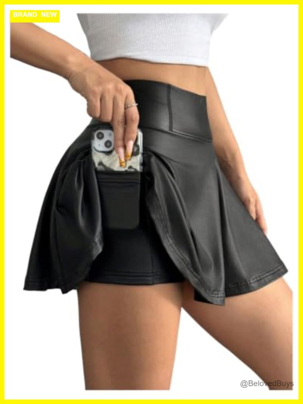 Faux Leather High Waisted Skater Skirt with Shorts and Pocket